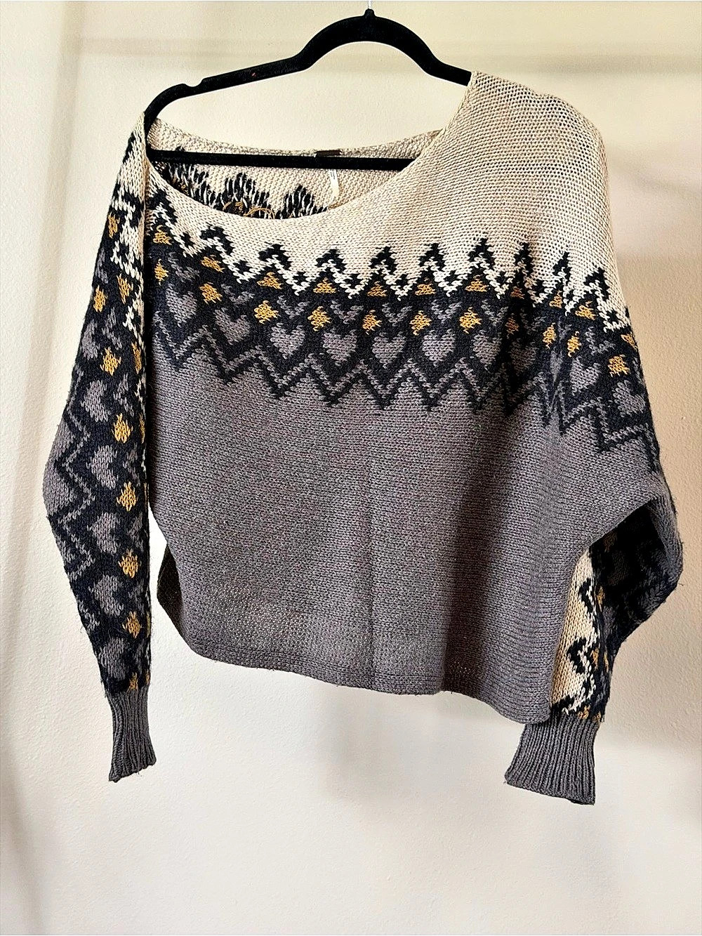 Free People One Shoulder Fairisle Gray & Cream Sweater